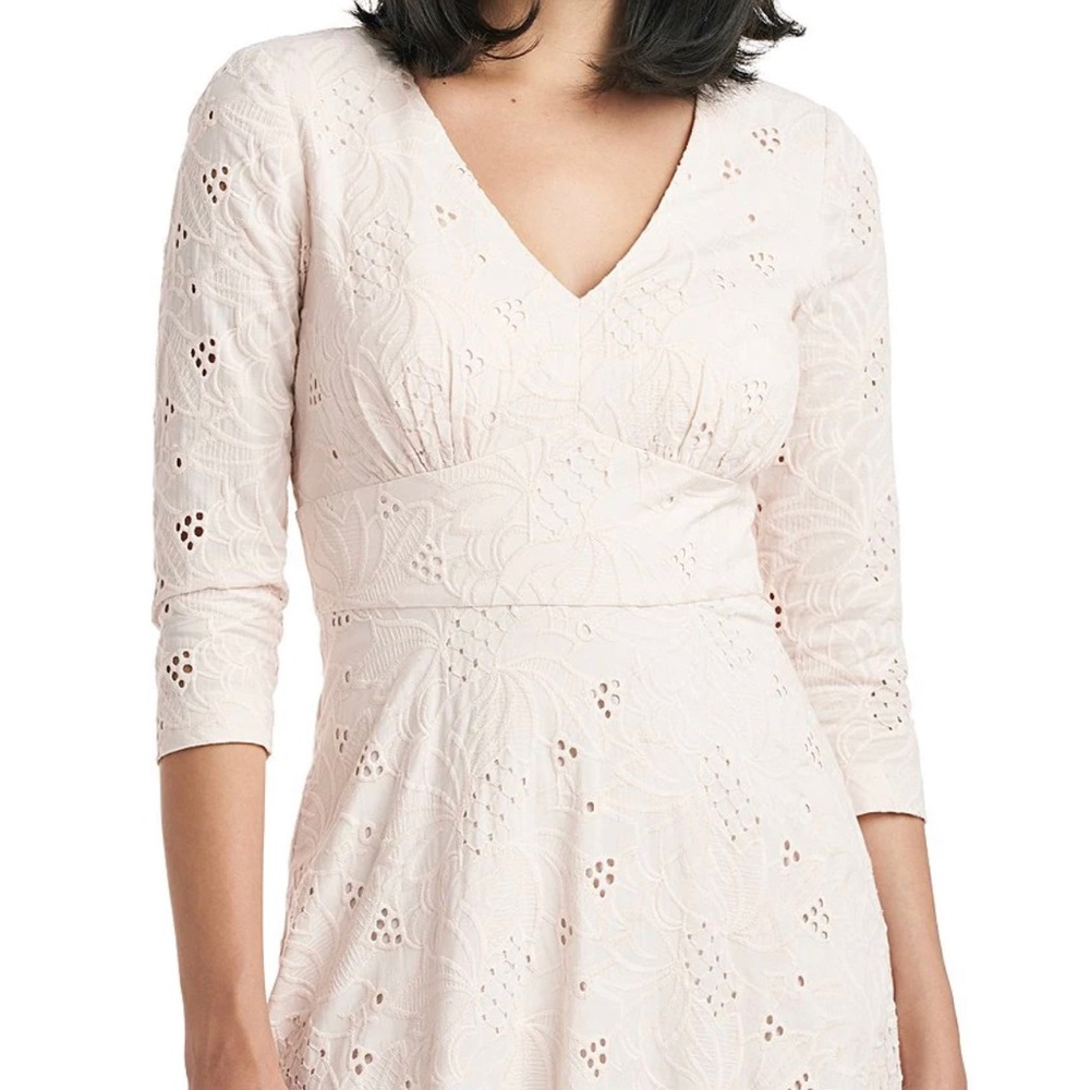 Kay Unger Coby Eyelet V Neck 3/4 Sleeve High Low Gown